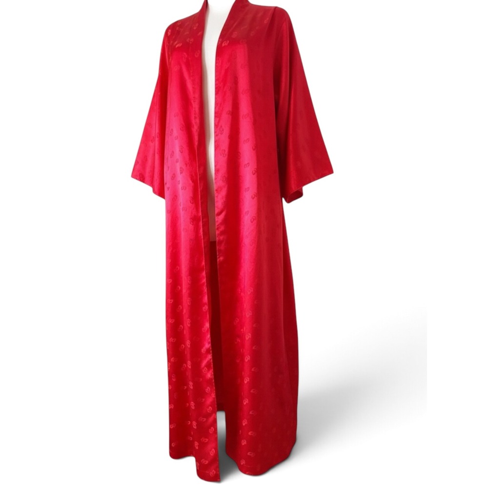 Vintage Ralph Montenero for Blanche Satin Robe Red Leaf Print Floor Length S